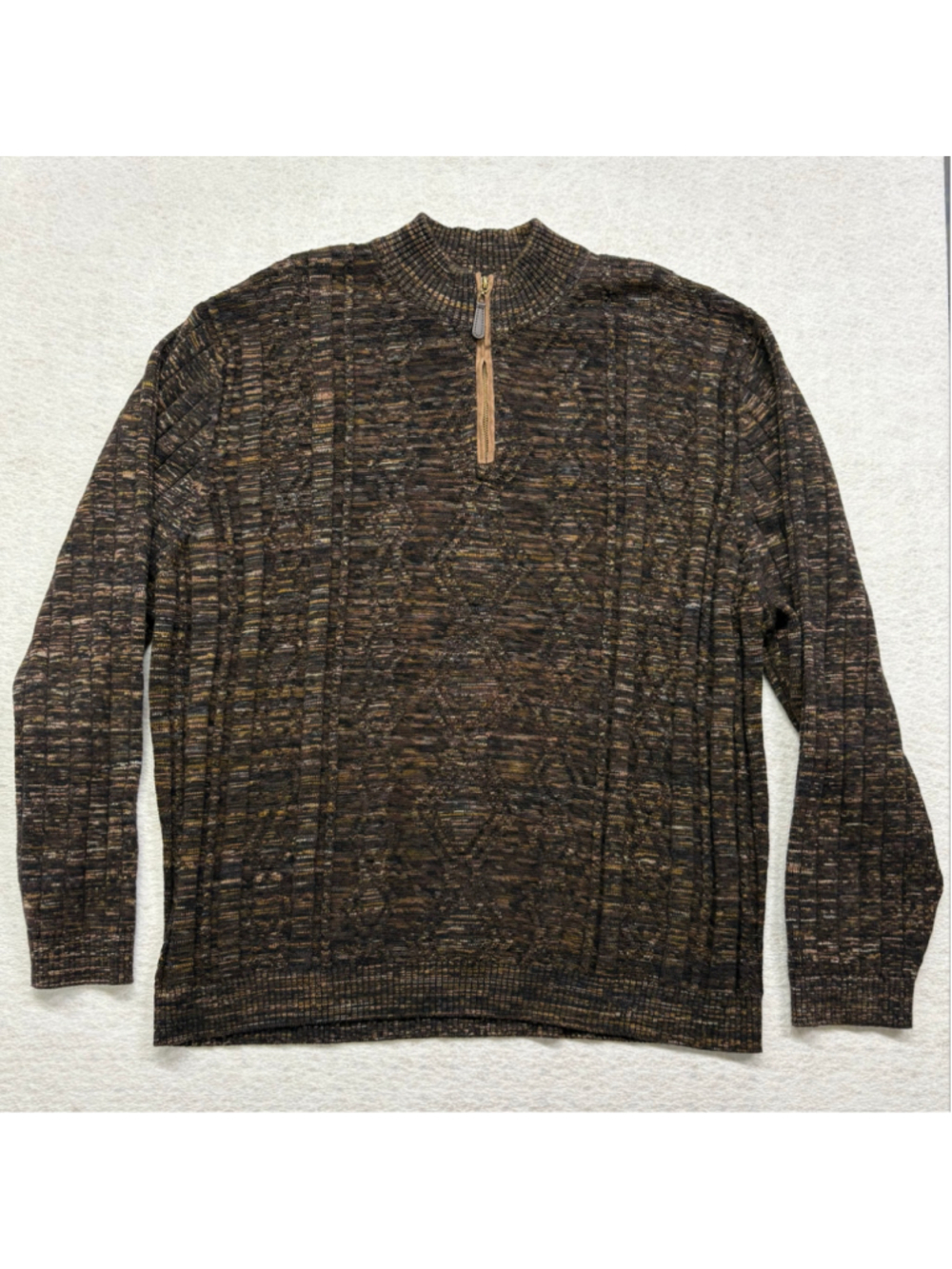 Patrick James Men XXL Quarter Zip Sweater Brown Marled Cable Knit Pullover Cotto